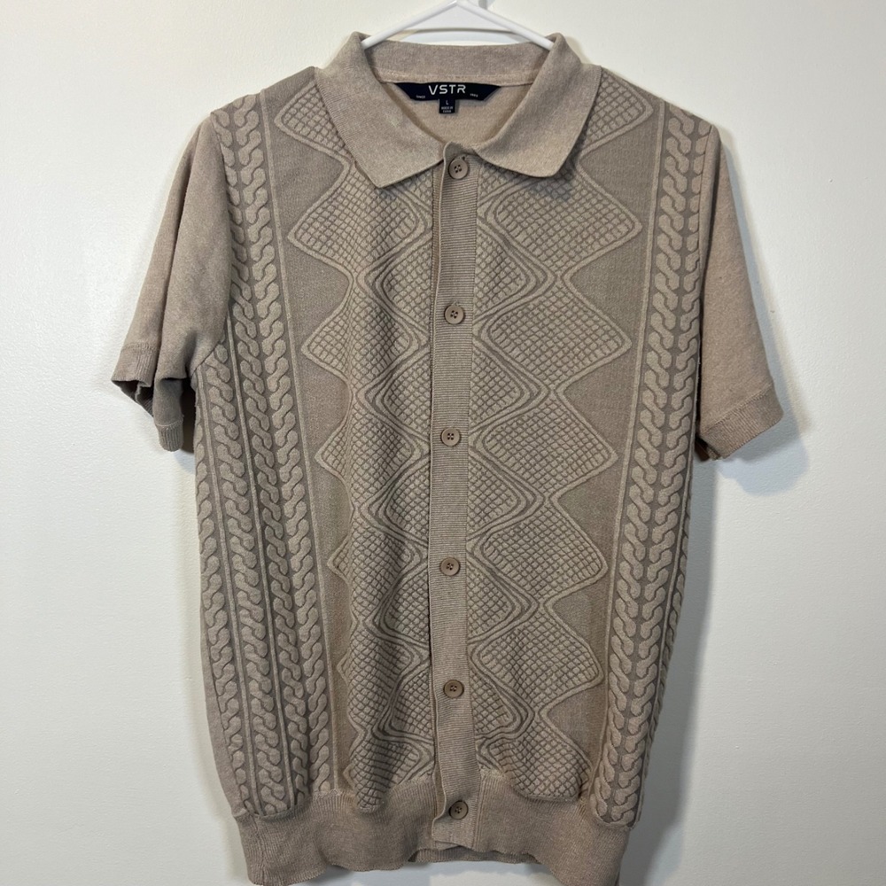 VSTR Mens Textured Geometric Knit Button Up Polo Shirt Tan Retro Mod Large